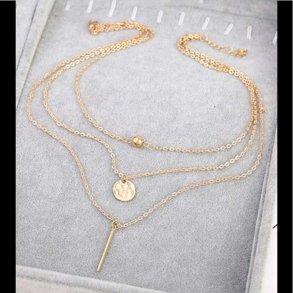 New Bar and Ball Pendant Layered Chain Gold Tone Necklace